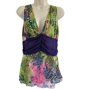 Bisou Bisou Y2K Fairy Babydoll Sleeveless Top-Sz 12 Floral Paisley Green Whimsy